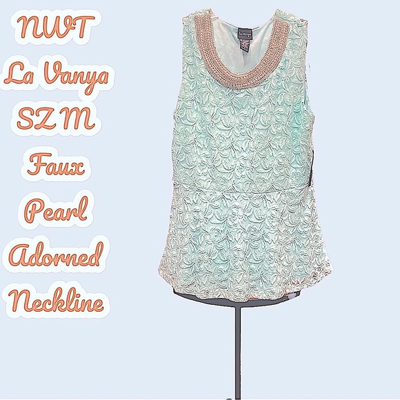 NWT La Vanya faux pearl adorned neckline Mint Green Lacey blouse SZMED Pull over - Picture 3 of 7